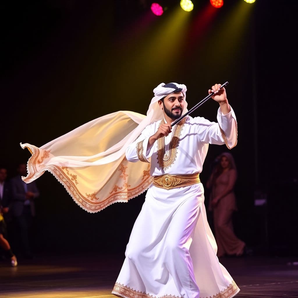 AI generated: dancer Arabic on stage with trump 