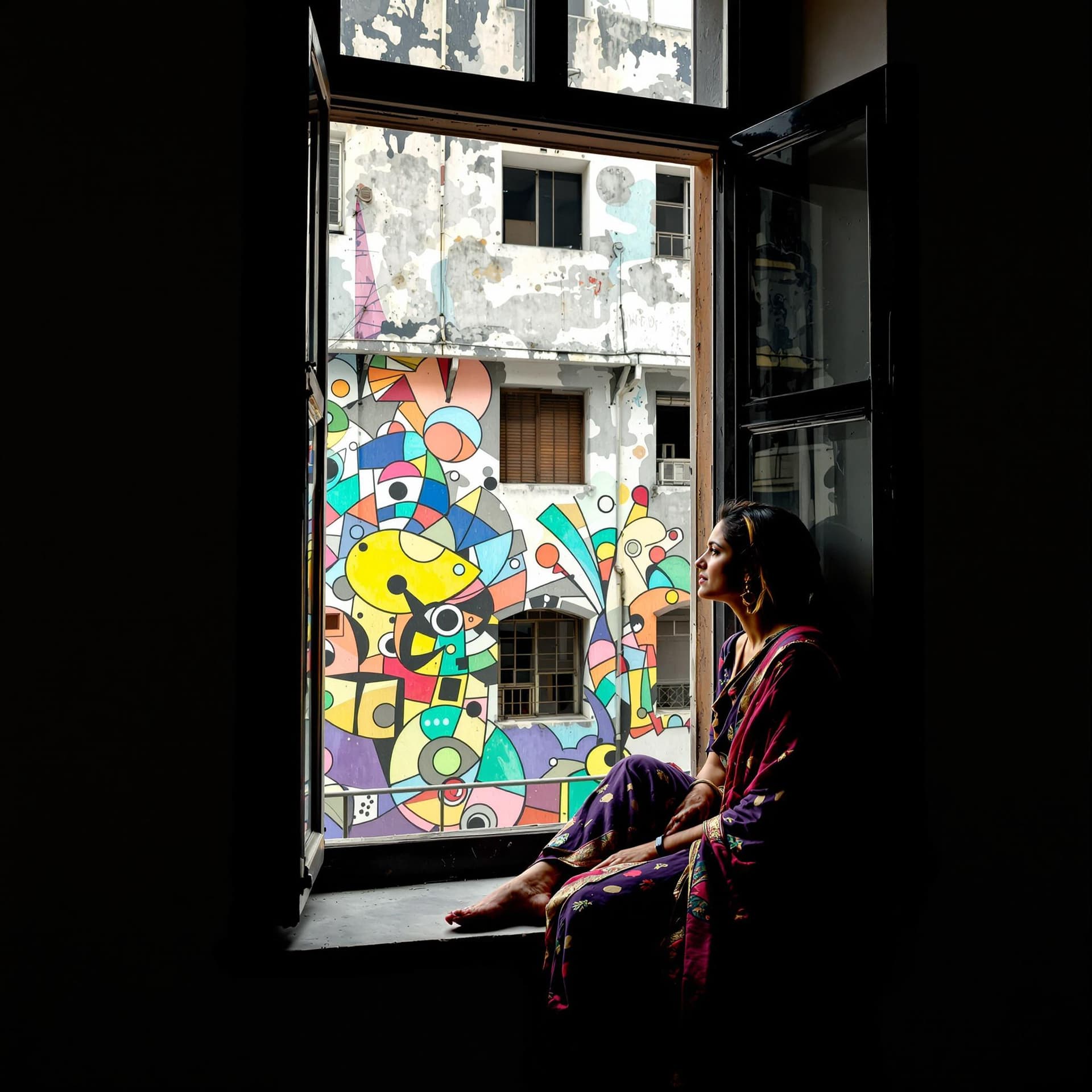 AI generated: a tall open window with a view of a building with a colorful abstract mural, a Indian woman, from th...