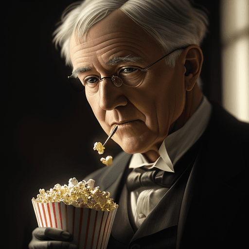 AI generated: Thomas Edison, wearing headsets and eating popcorn sharp focus, studio photo, intricate details, hig...