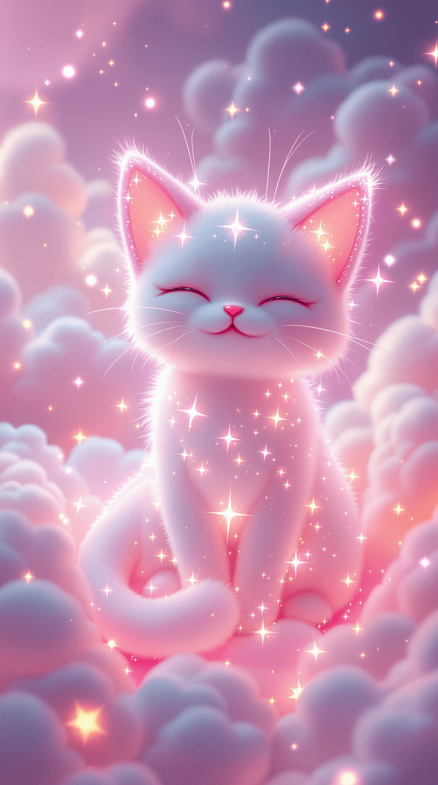 AI generated: A full wide view of the mythical Pokémon "Mew" as a cat filled with bioluminescent lit soft pink, cu...