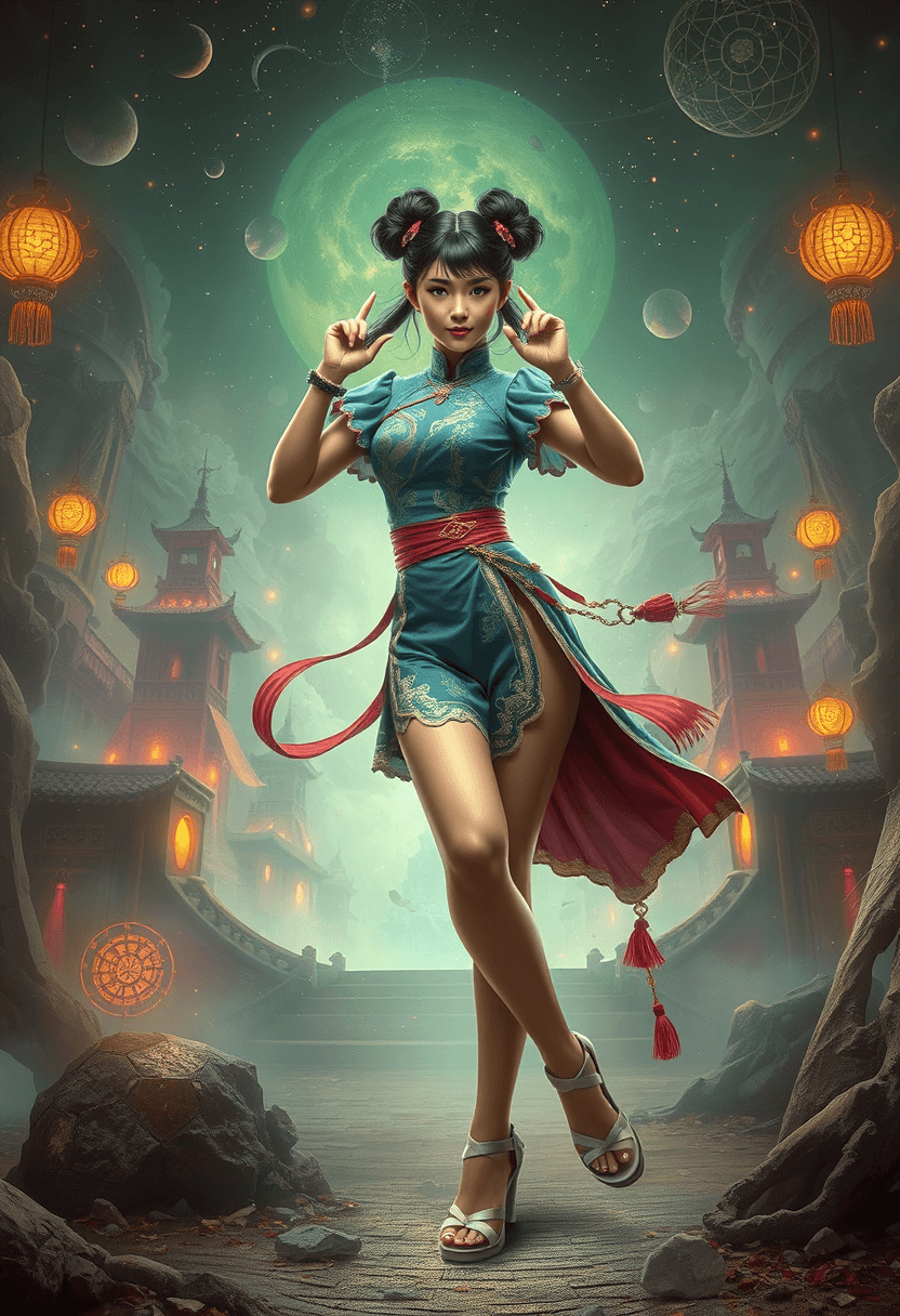 AI generated: Chun-Li from street fighter she wears ((short blue qipao with short puffy sleeves)), ((her hair has ...