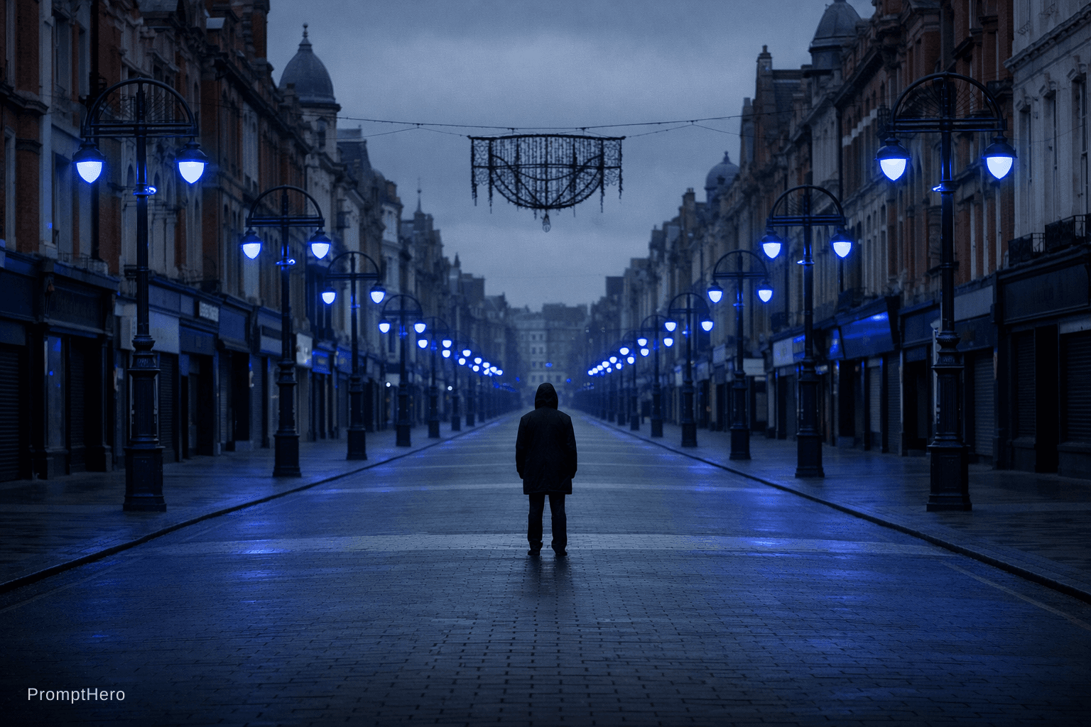 AI generated: A wide, perfectly symmetrical street-level photograph of Briggate entirely deserted — no crowd, no m...