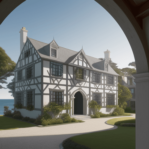 AI generated: Hyper realistic eye level exterior photo of a 16th century style house overlooking the ocean, daylig...