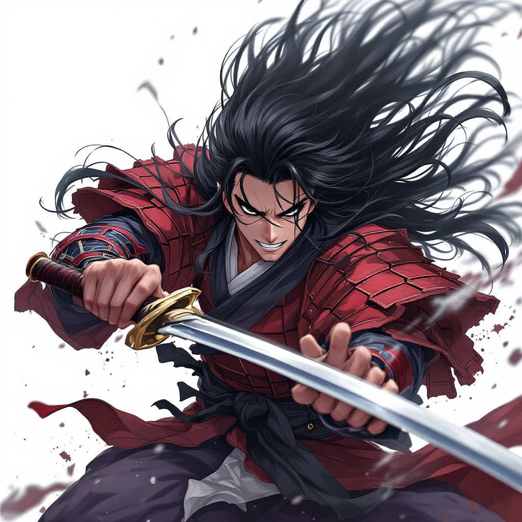 AI generated: 1 man, weapon, long hair, black hair, white background, solo, looking at viewer, black eyes, tabi, f...