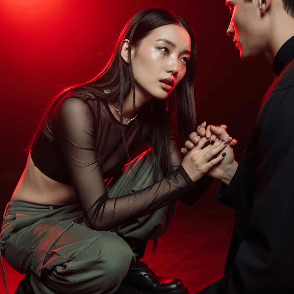 AI generated: A pale-skinned East Asian woman in her early 20s with a slender frame, long straight black hair with...