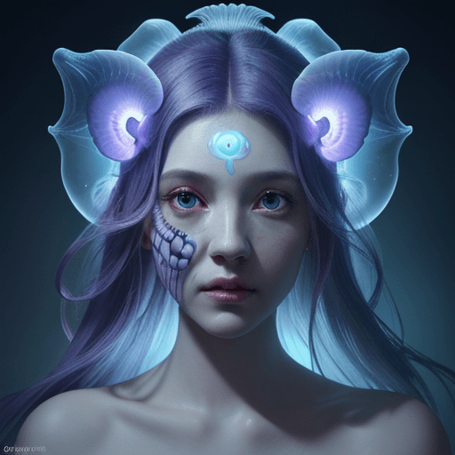 AI generated: Goddess close-up portrait ribcagel. jellyfish phoenix head, nautilus, orchid, skull, betta fish, bio...