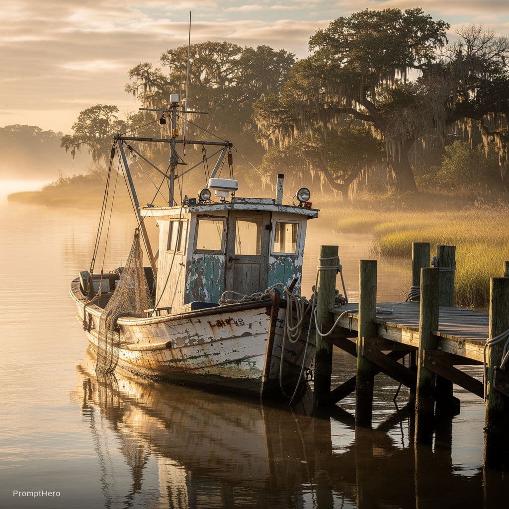 AI generated: rustic, weathered shrimp boat tied to a weathered dock on a South Carolina coastal river