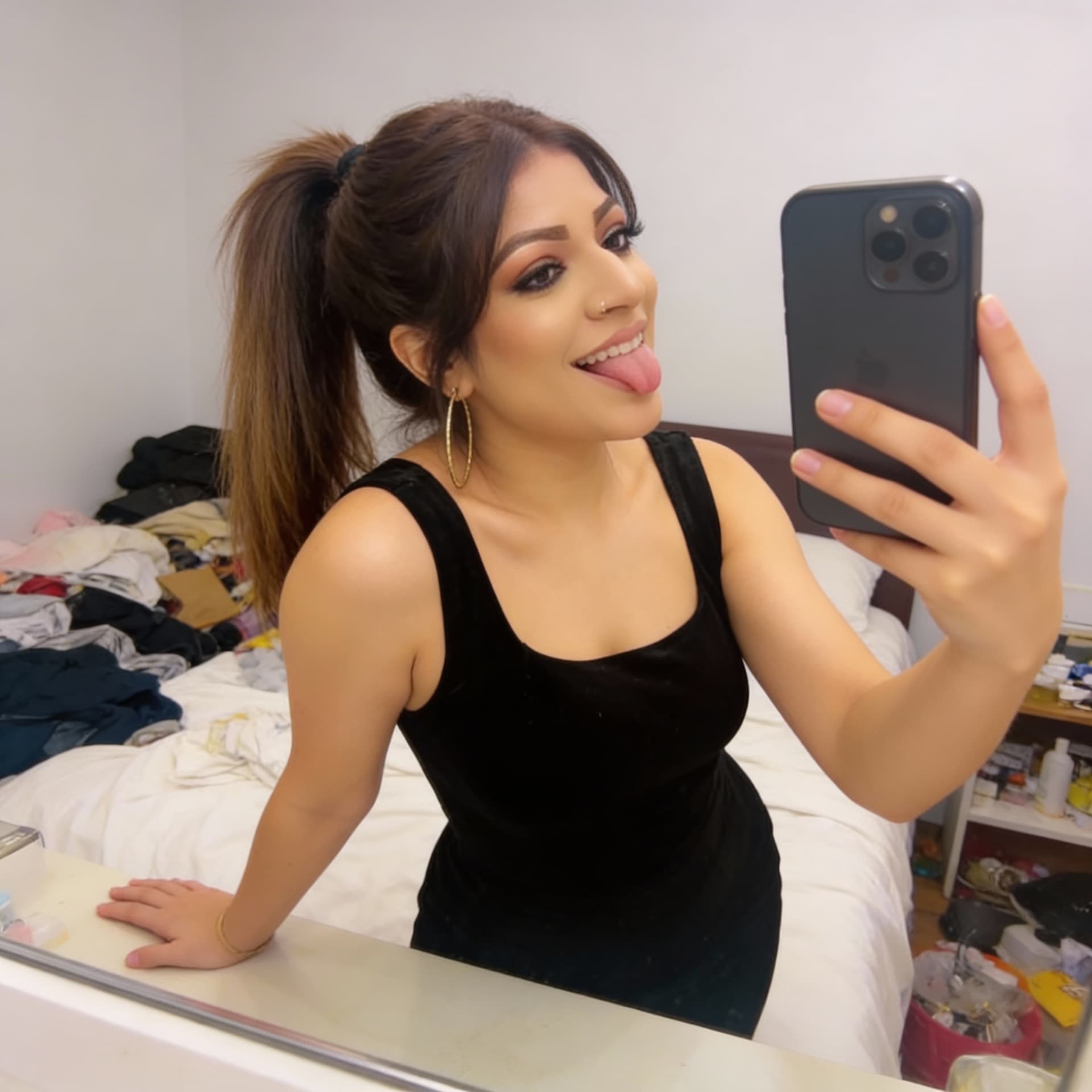 AI generated: takes a mirror selfie in a messy bedroom.

The woman has her phone in one hand and she is using her ...