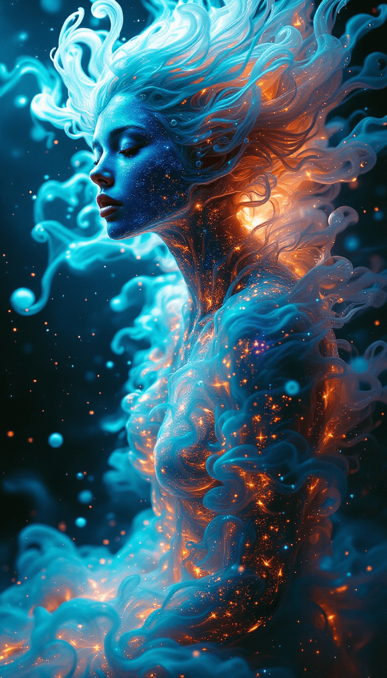 AI generated: Metamorphosis through Swirling Gases: A series of photorealistic images depicting a figure undergoin...