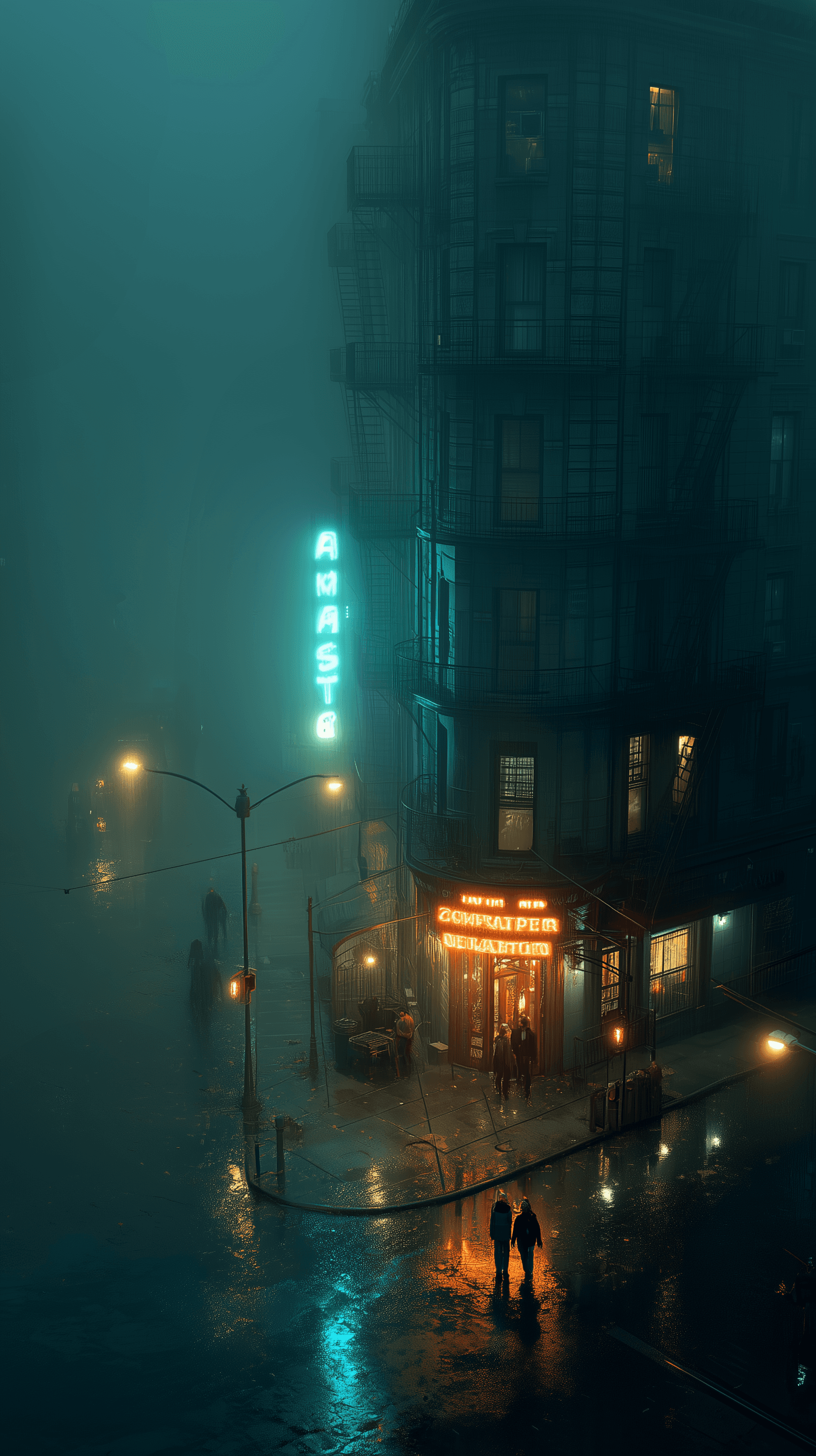 AI generated: isometric neo-noir city corner, new york, deep fog, glowing neon signs in cyan, slick wet pavement r...