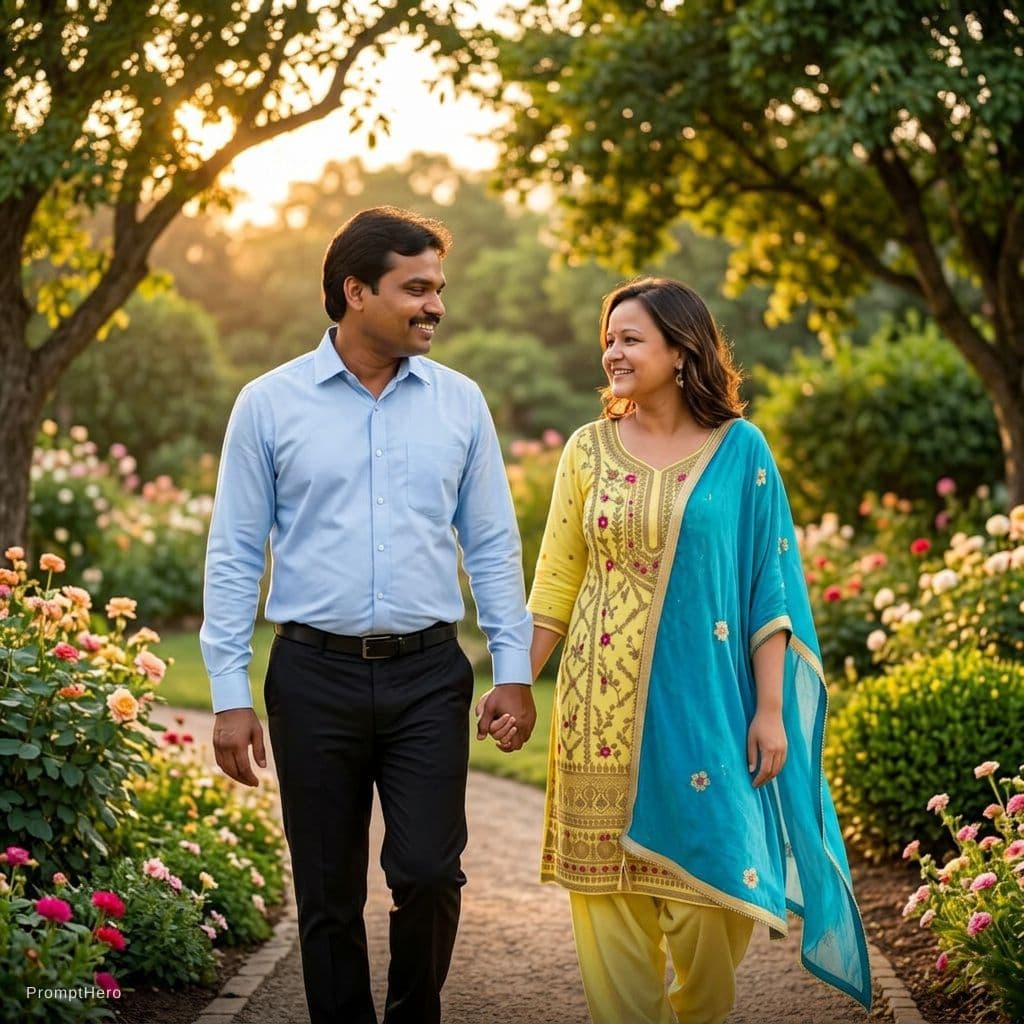 AI generated:  men in light blue shirt-black  pent , female dress- same as per photo walking in garden, Holding ea...