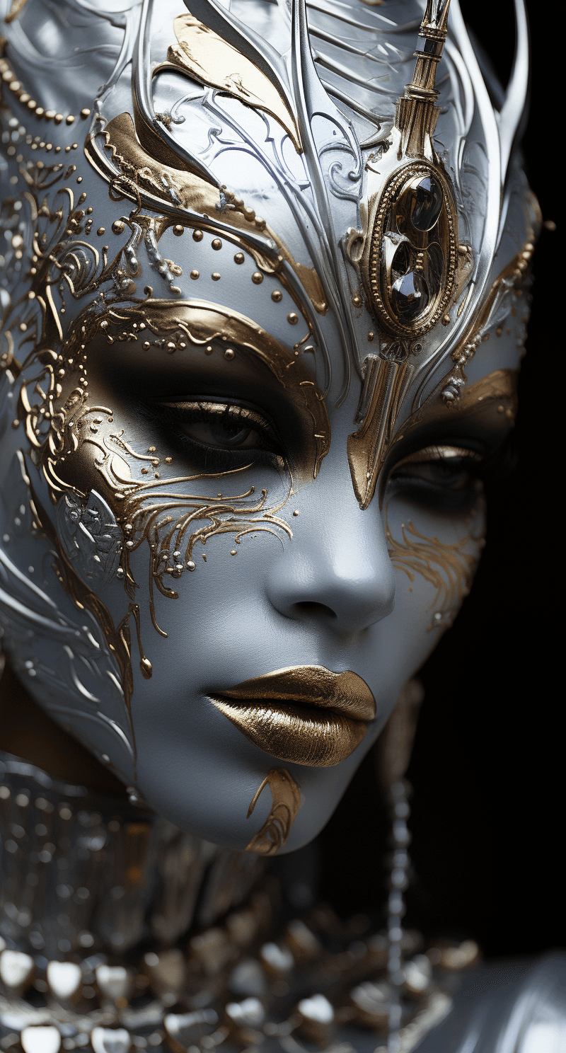 AI generated: black woman in silver mask with eyes and silver makeup photo, stock imagery, in the style of tom bag...