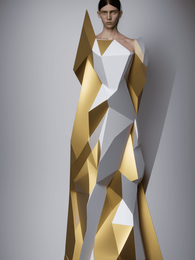 AI generated: avant-garde fashion masterpiece. A weightless dress that defies gravity, with sharp geometric lines....