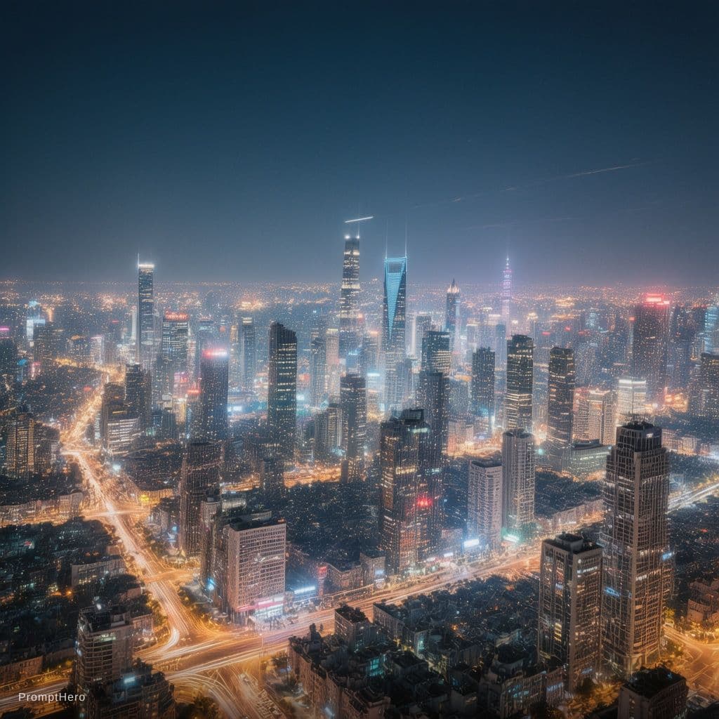 AI generated: An elongated photograph using long exposure, revealing the magnificence of a vast metropolis at nigh...