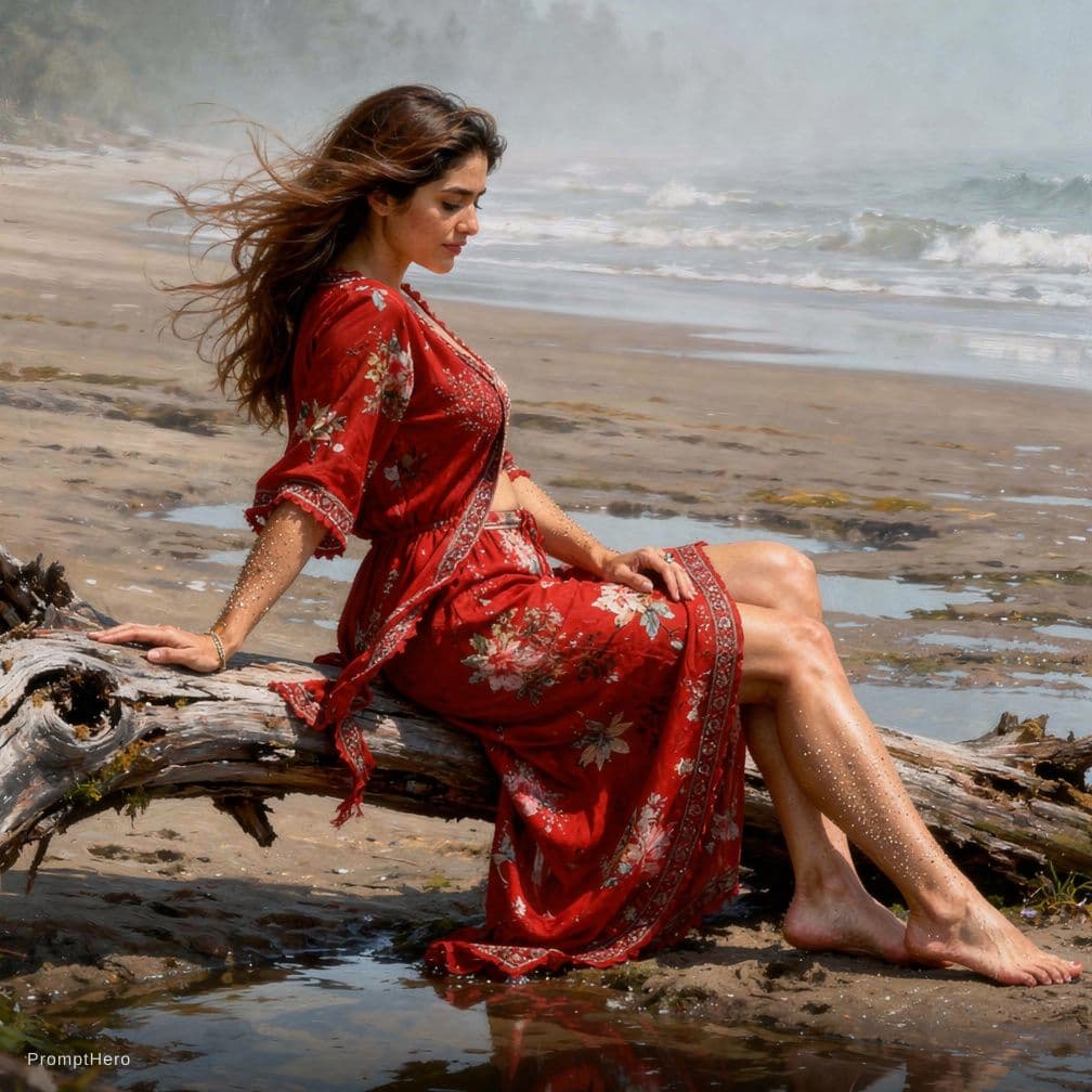 AI generated: A tall, sculpted young female with glossy black hair in soft waves rests on a gnarled driftwood log,...