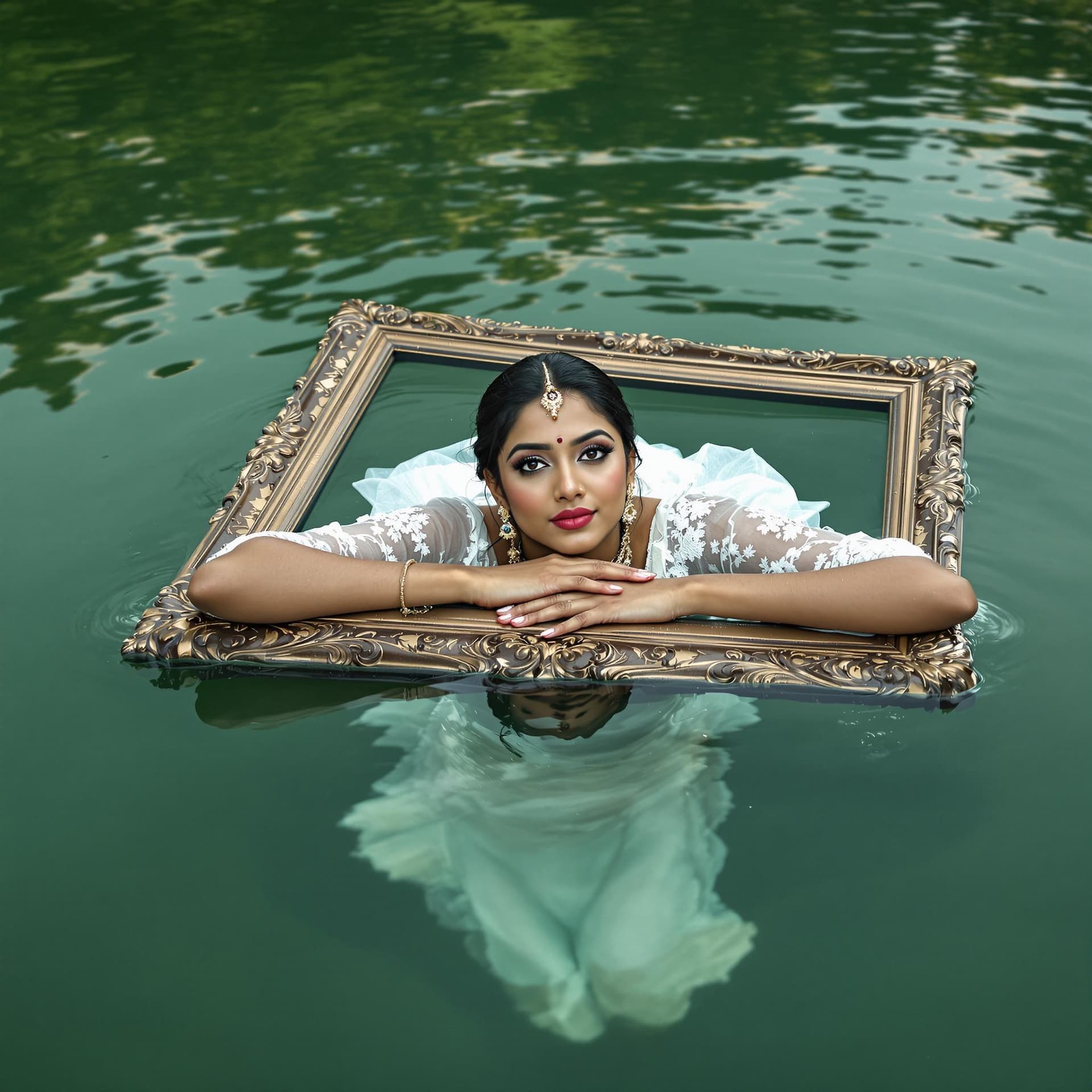AI generated: A visually captivating photograph shows a Kerala woman submerged in water up to her shoulders, she i...