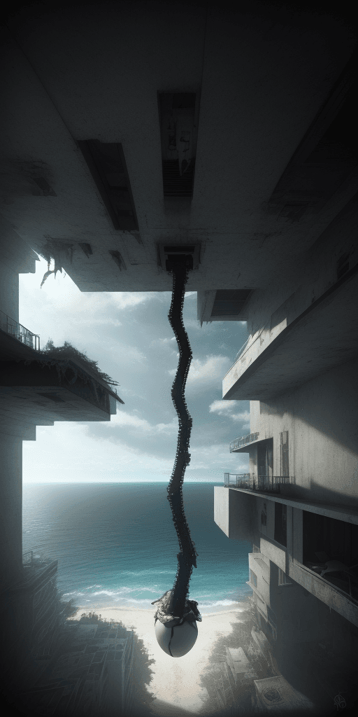 AI generated: Hyper realistic eye level exterior photo of a upside down limbo overlooking the ocean, daylight, ind...