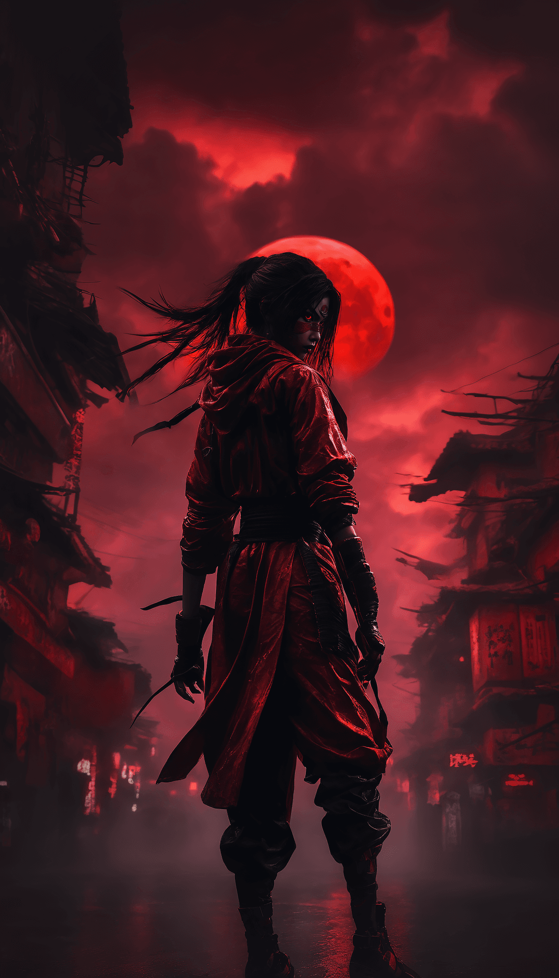 AI generated: a female assassin ninja in red and black ninja outfit, at night, black and red buildings , dark fogg...