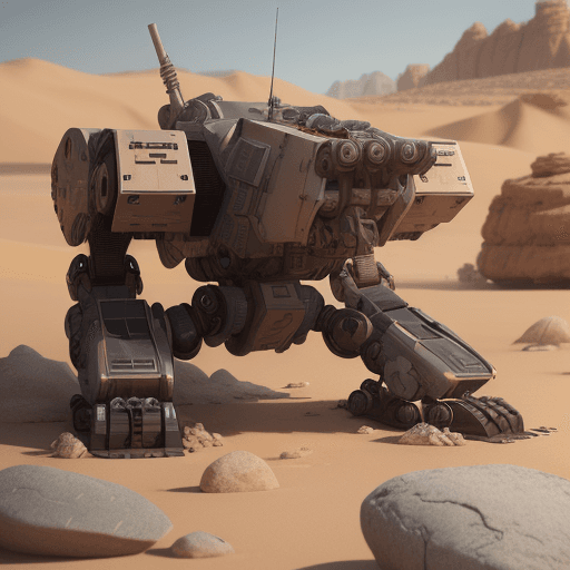 AI generated: A mech robot ,electronics,details ,concept,in desert with rocks and stones,machinegun in right hand,...