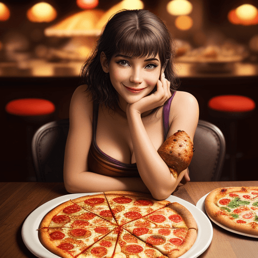 AI generated: Cuisine, A smiling woman wears a dress made of pizza as she lays on a table, rich deep colors, intri...