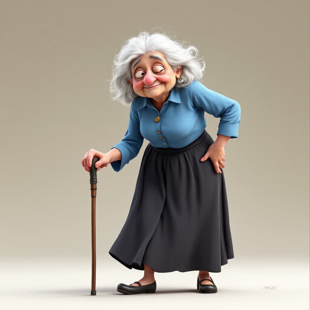 AI generated: An old lady in disney pixar style , bent and walks with a walking stick, grey haired, wears a blue b...