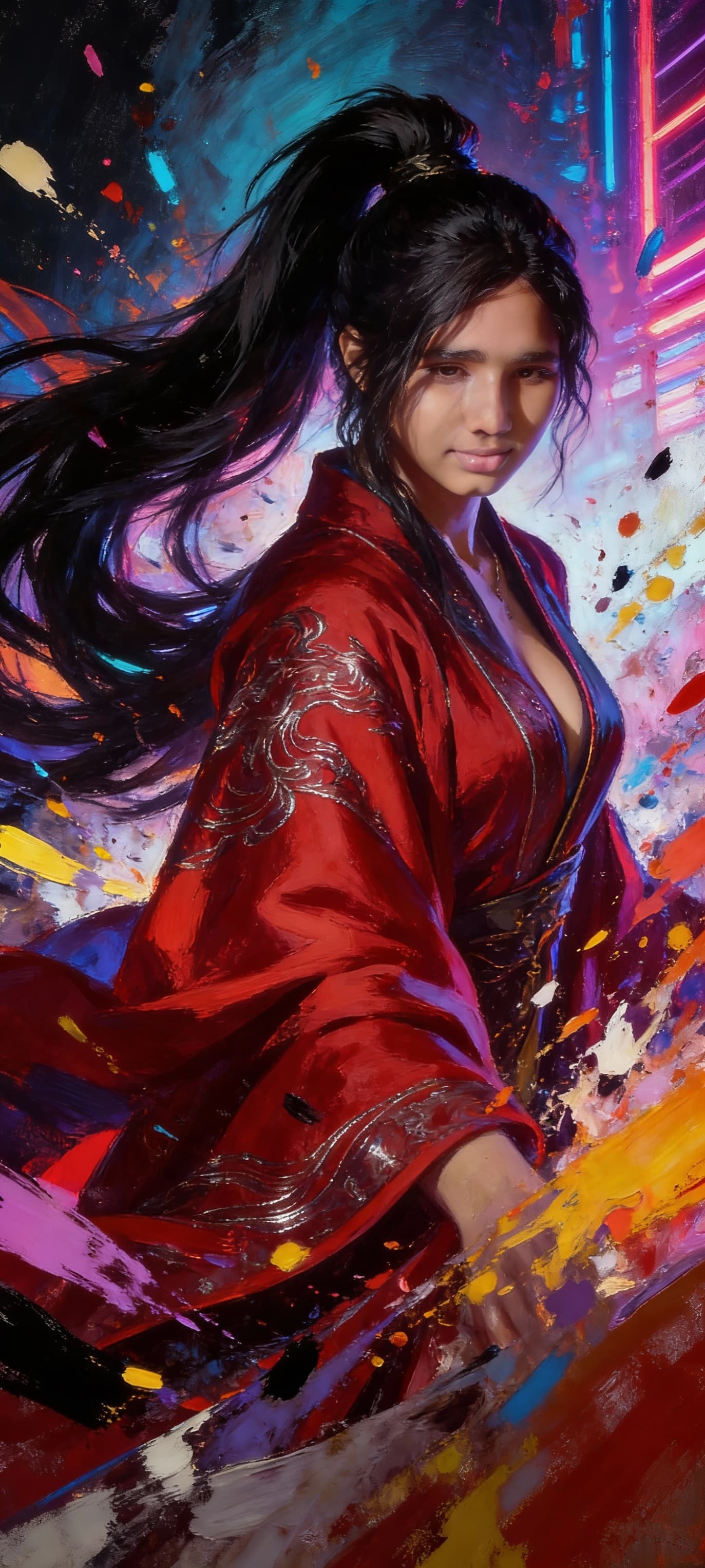 AI generated: A commanding, seductive young empress stands at the center, her long obsidian hair styled in a high,...