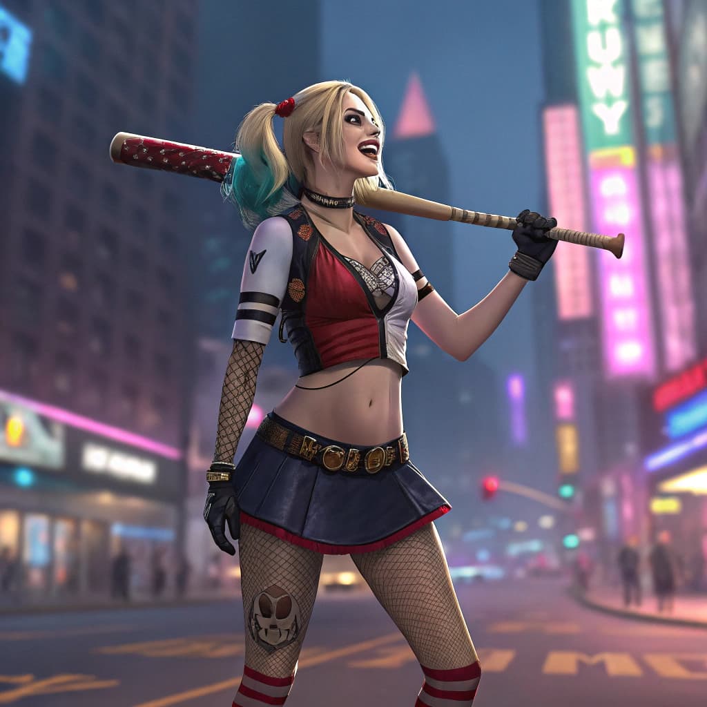 AI generated: Harley Quinn half naked with a mini skirt and some big titties
