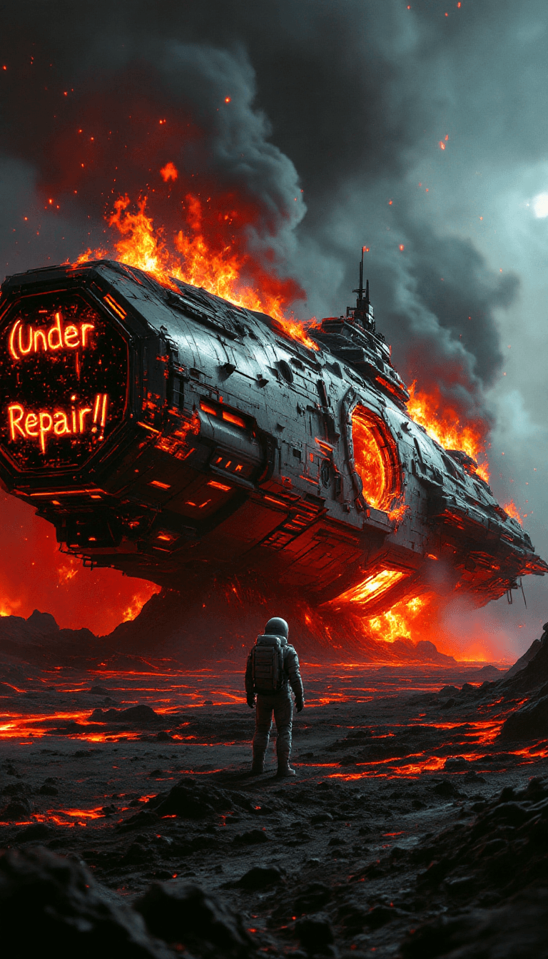 AI generated: On a volcanic planet, a large, burning starship lies on a scorched landscape, its hull glowing red w...