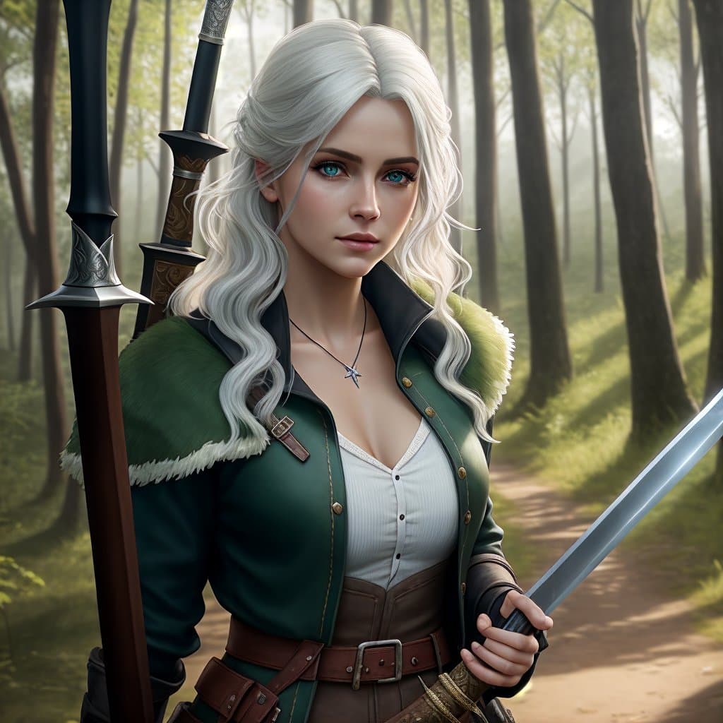 AI generated: georgeous female dressed like Princess Ciri from Witcher 3 game, long white hair, holding a sword in...