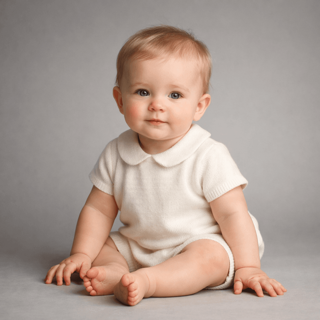 AI generated: Create an elegant photorealistic studio portrait of a 3-12 month old baby. Position the baby sitting...