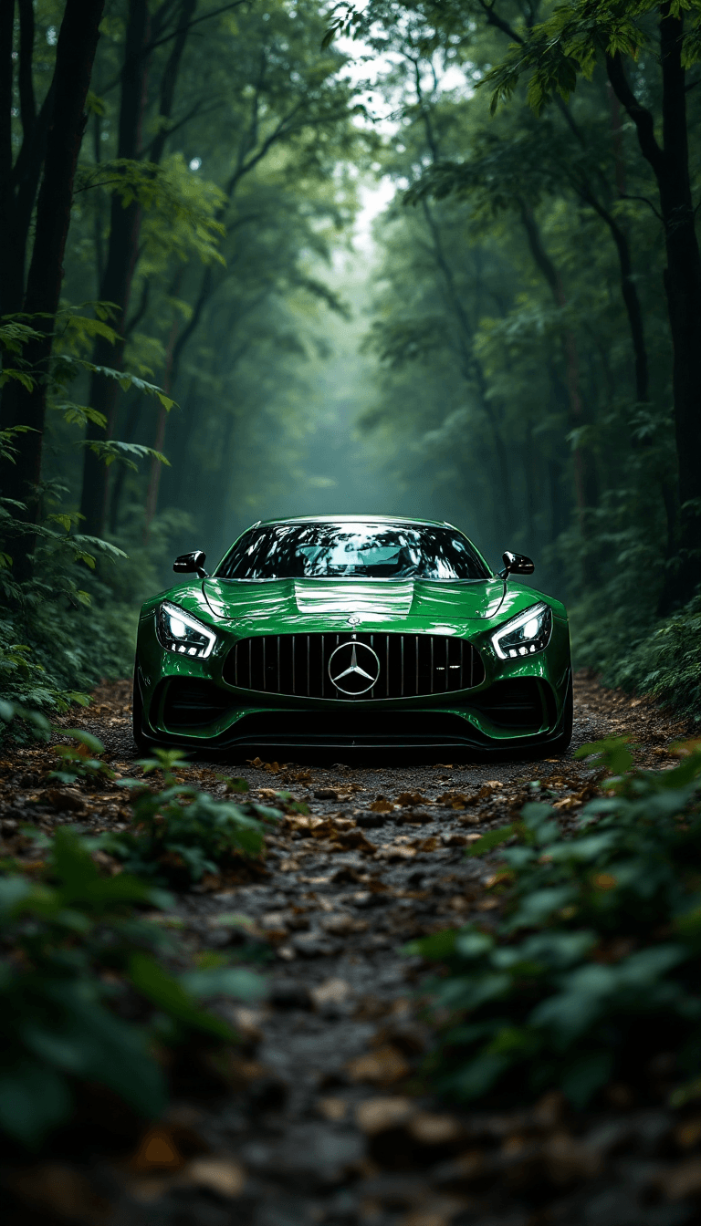 AI generated: High automotive symmetrical close-up portrait shoot of a green mercedes-amg GT standing in the jungl...