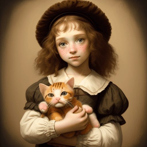 AI generated: cute freckled young girl holding in her hand a kitty and painted like a rembrandt from 1665 soft lig...