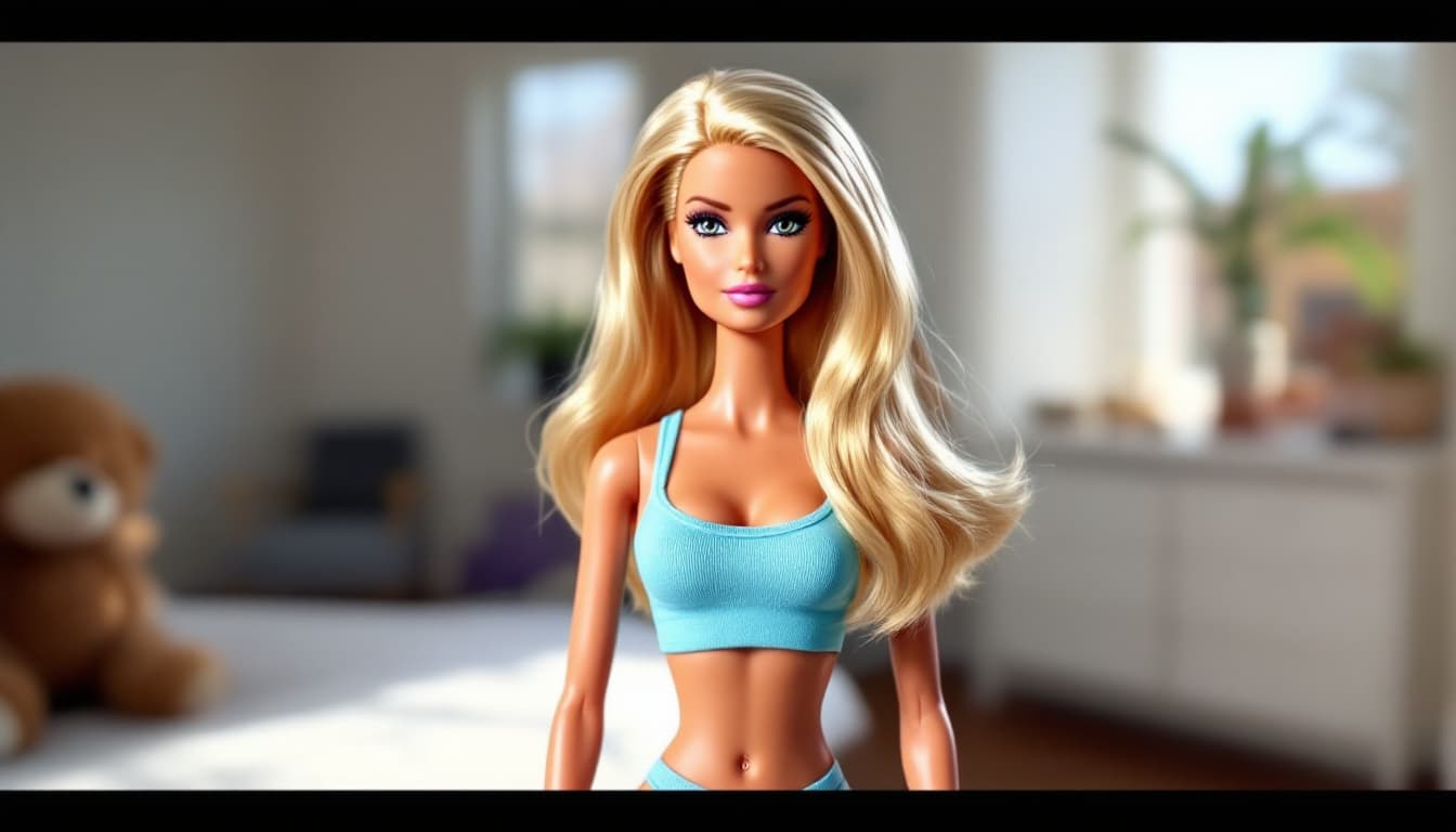 AI generated: Of a barbie doll standing in a room with a window in the background. the doll is wearing a light blu...
