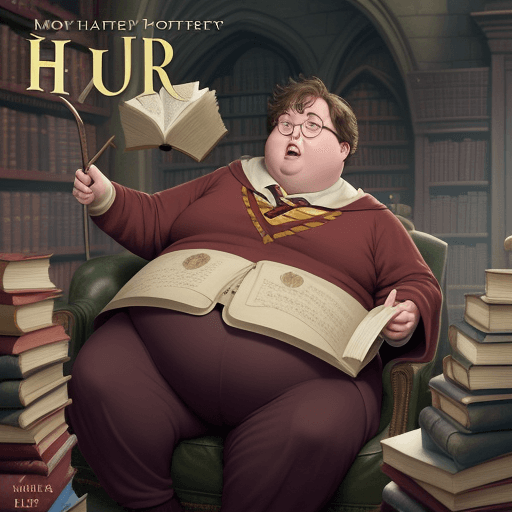 AI generated: Make an Funny cover of the book Harry Potter and let Harry be fat 