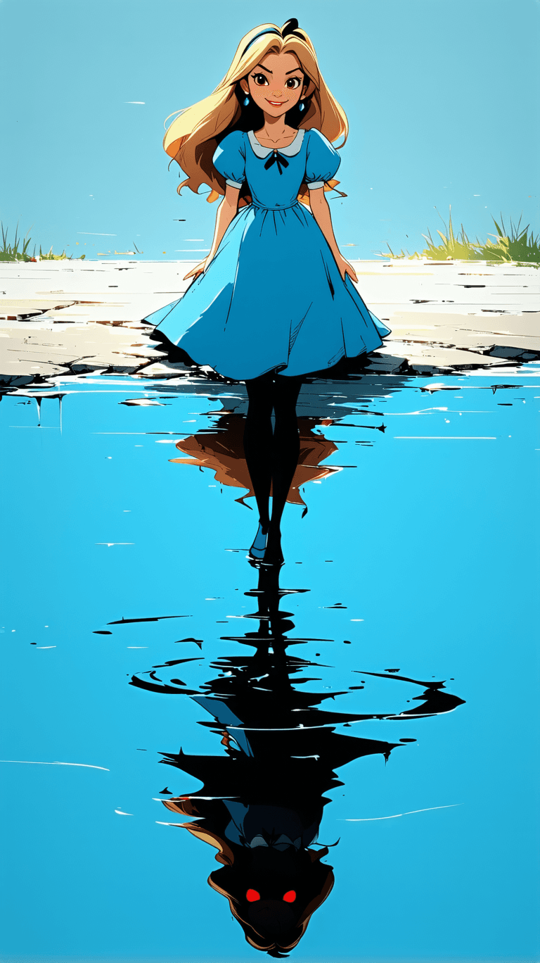 AI generated: Sharp contrast, top: Alice from 'Alice in Wonderland', bright, clean, cel-shaded anime style, big ey...