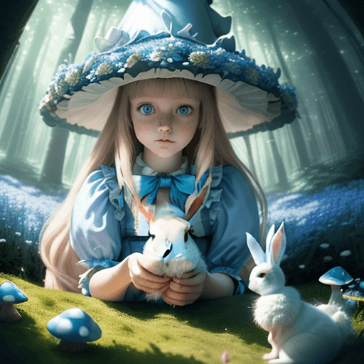 AI generated: Detailed and fantastic style, (Alice in Wonderland portrait), ((girl playing with a white bunny)), c...