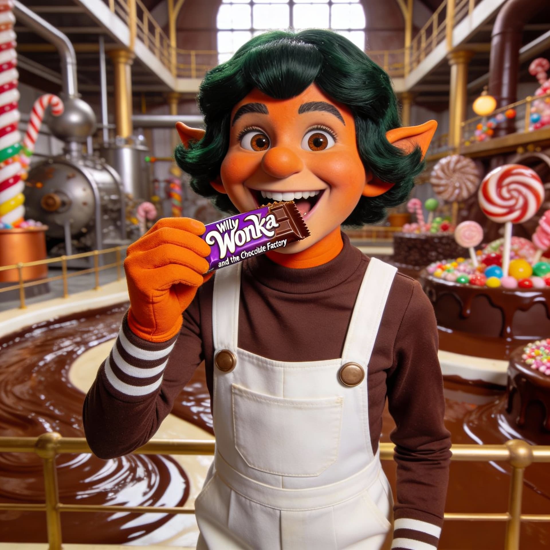 AI generated: A 4K, UHD, magazine photoshoot quality image of a beautiful, orange skinned oompa loompa.  She is re...