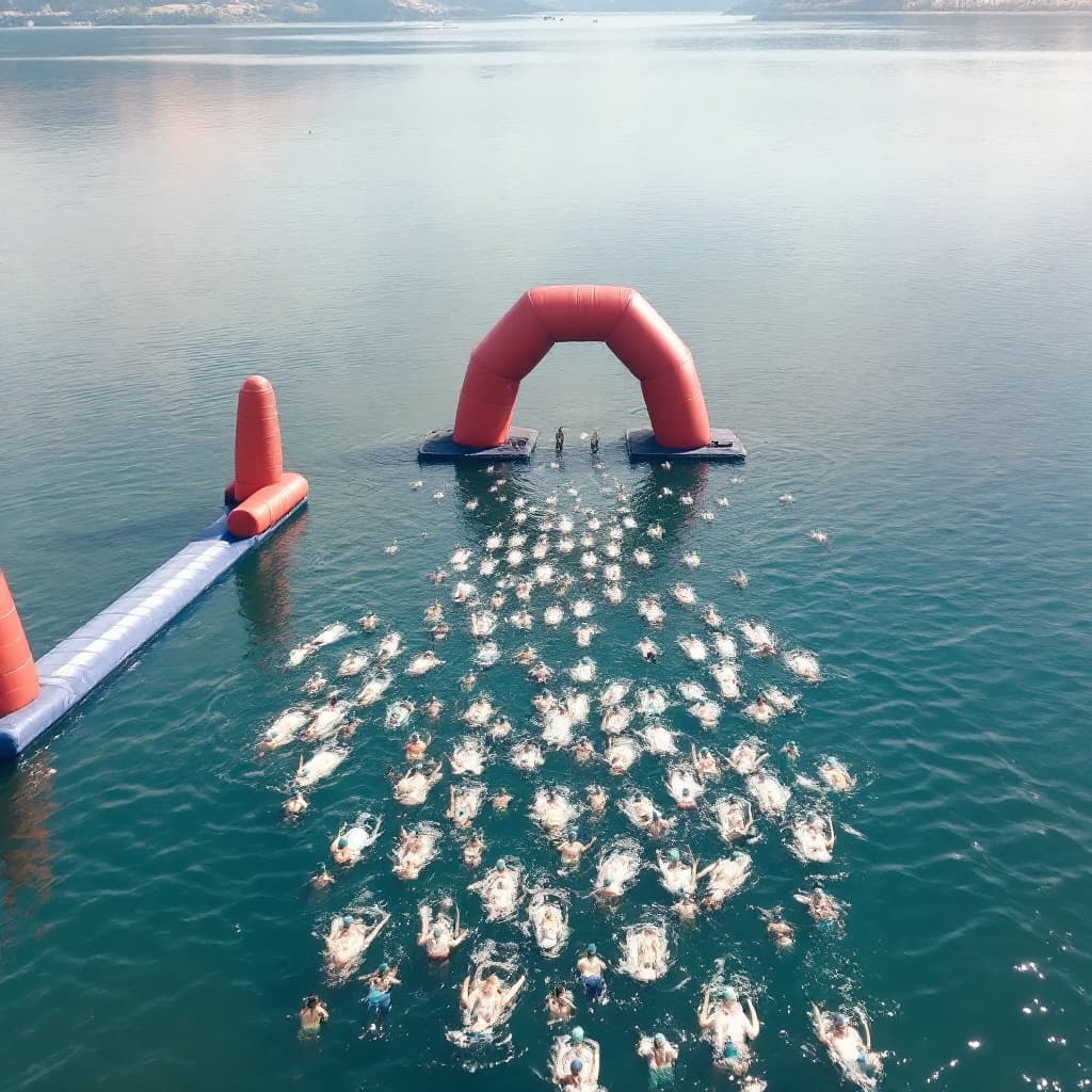 AI generated: A lake with people swimming in open water. Everyone is wearing light blue caps. There are giant buoy...