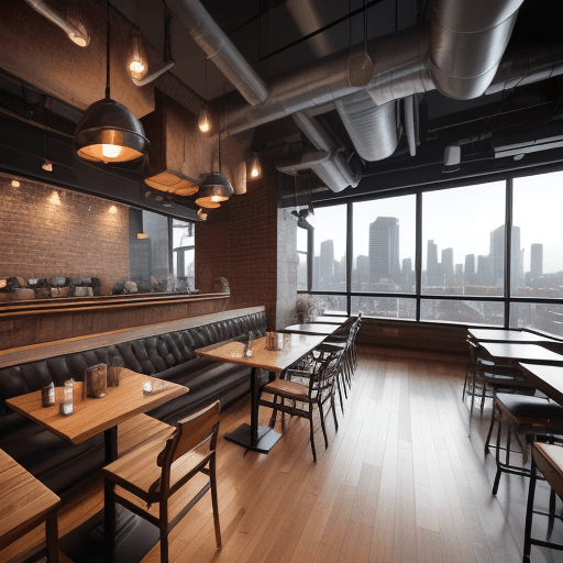 AI generated: "A modern cafe with a panoramic 360-degree view of the city, featuring large floor-to-ceiling window...