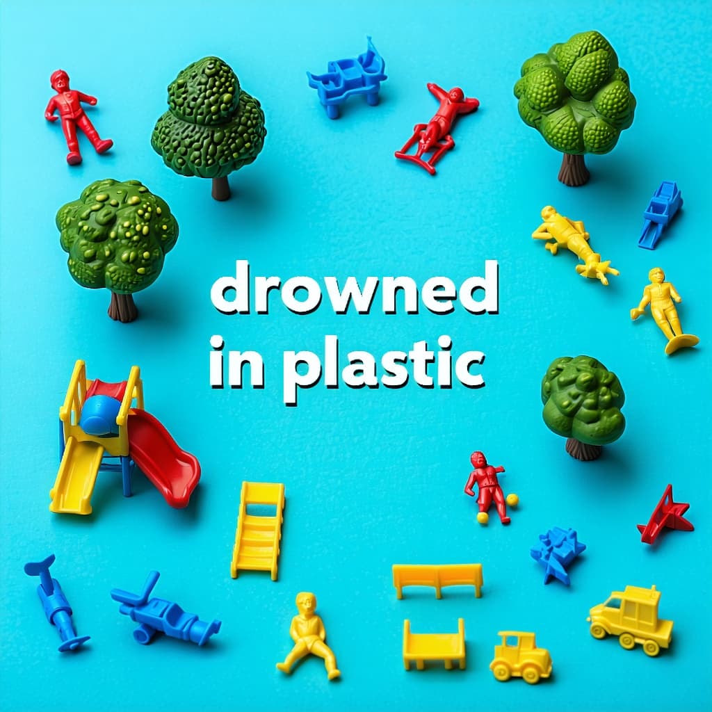 AI generated: a graphic of the idea "drowned in plastic" on a miniature playground with plastic toys as a critic o...