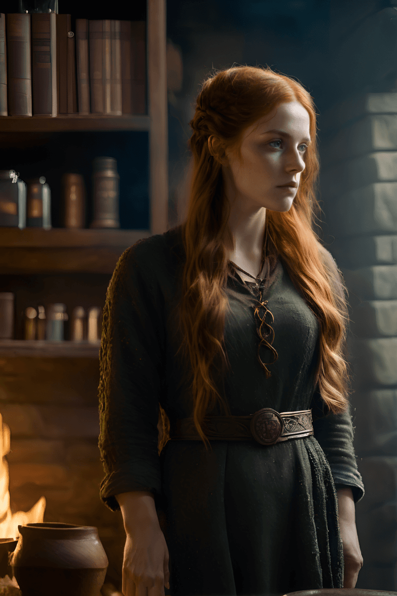 AI generated: Full Body, film still of, a 32 year old Celtic woman, (freckles:0.6), simple worn out clothes, potio...