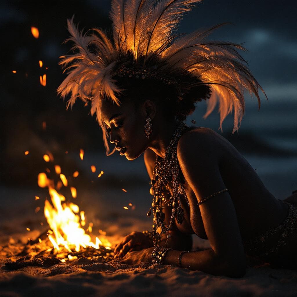 AI generated: Black African female dancer with feathers and jewelry at night on the beach by the fire in the style...