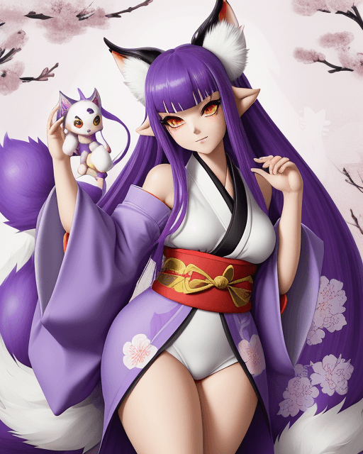 AI generated: inkling goddess, kitsune, big fluffy tails, thick thighs, in a kimono, purple
