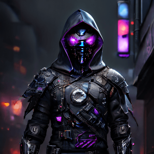 AI generated: cyberpunk, masked man, dark   torn hood, Purple accents, dark rainy foggy night, intricate dark and ...