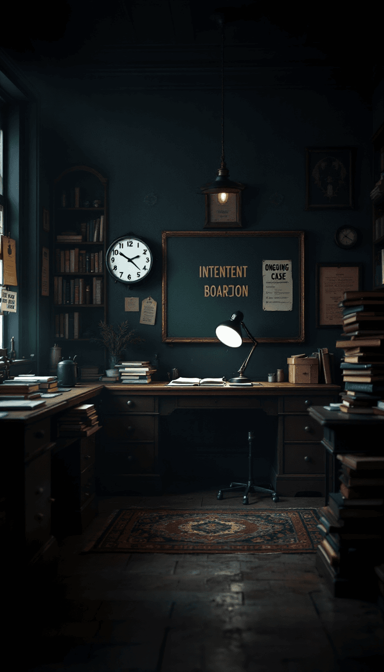 AI generated: create a background of a empty Victorian Police station, make it dimly lit and atmospheric, bookshel...
