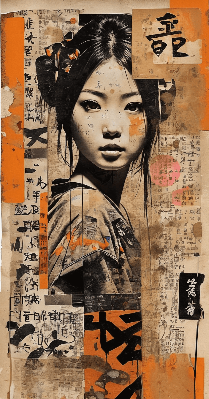 AI generated: Asian woman, beautiful face, black and orange color tones, wabi-sabi art, abstract , punk collage , ...