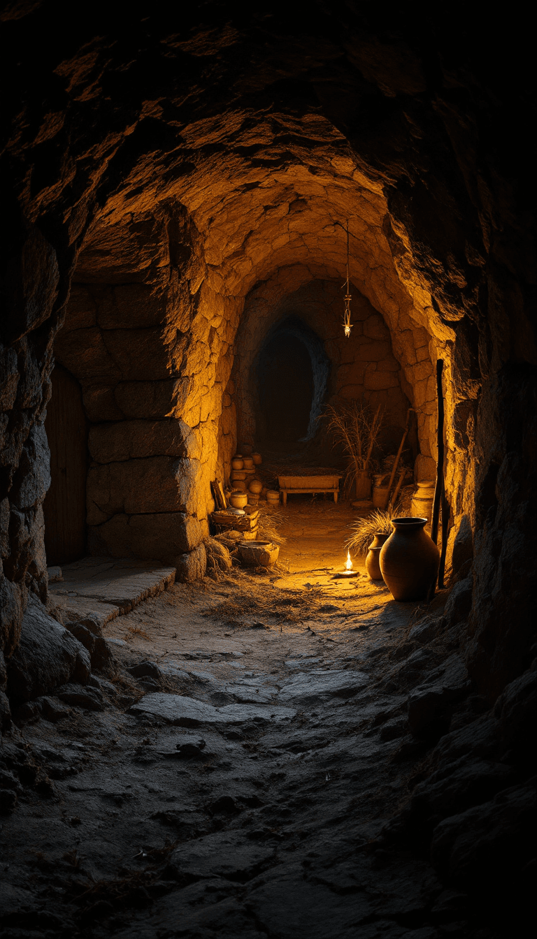 AI generated: Hyper-realistic first-person perspective of a typical first-century Bethlehem cave-stable at night, ...