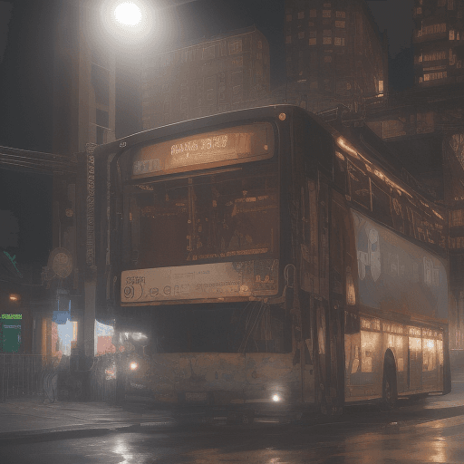 AI generated: Exterior photo of a regular bus, ultra-realistic, at night, spectacular light, Young people cinemati...