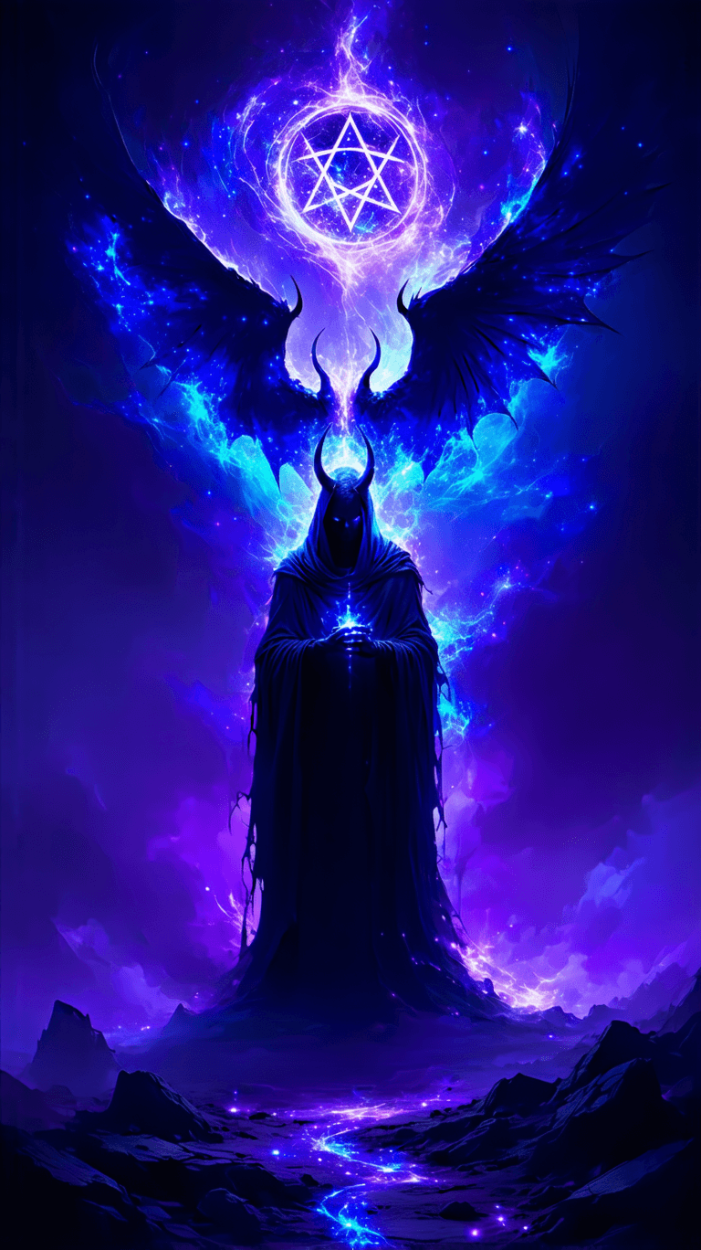 AI generated: “The Devil’s Celestial Chains” – A towering horned figure of cosmic shadow and burning stardust emer...