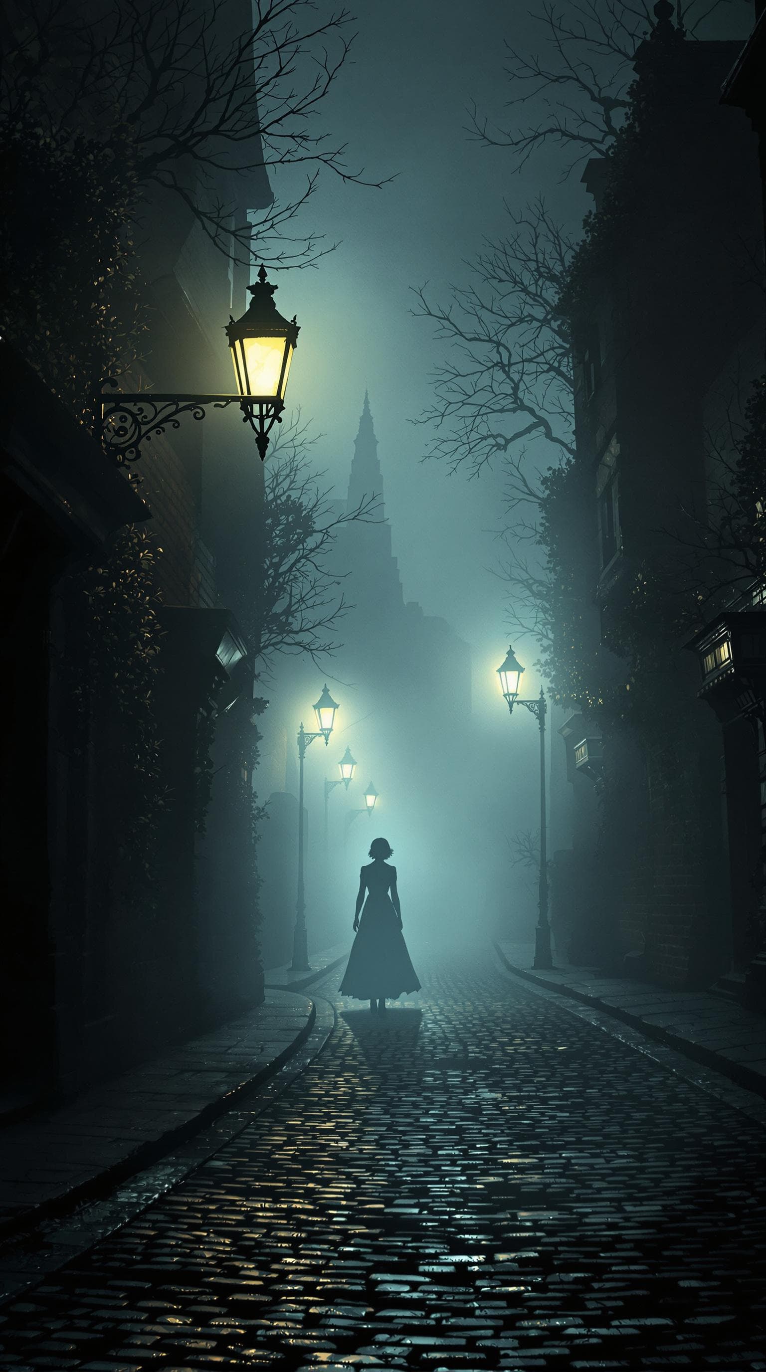 AI generated: An eerie and mysterious Victorian street scene in Richmond, London, shrouded in thick fog. Gas lamps...